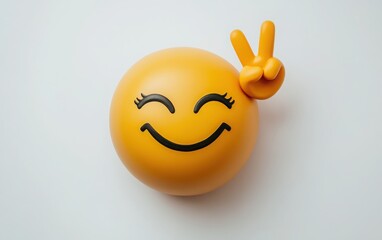 A winking emoji with a playful smirk and one eyebrow raised, with a hand in a peace sign, against a simple white backdrop 