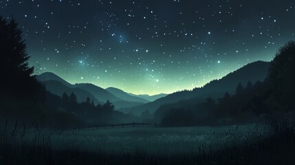 Fototapeta premium Starry Night Mountain Landscape: Serene Evening Scene