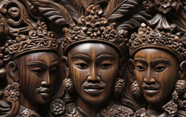 Intricate wooden carving featuring three stylized faces, showcasing cultural artistry.