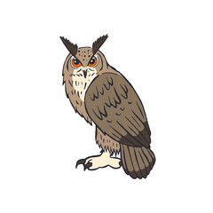 Hand drawn line art eagle-owl standing isolated on white background. Nocturnal bird vector illustration.