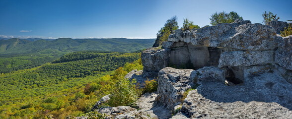 Russia, Republic of Crimea. View of the dilapidated mountains from the top of the dilapidated stone fortress of the famous city of Mangup-Kale of the 5th century in the Bakhchisarai region.