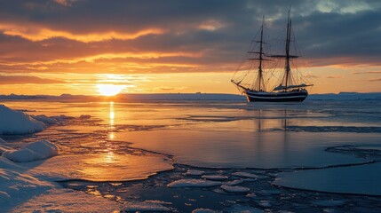 A frozen seascape glowing under an orange sunset, with a distant two-masted sailboat creating a picturesque view