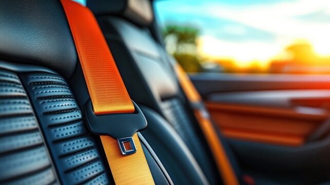 A close-up of a car seatbelt against a blurred background, showcasing its design and safety features during a sunset.