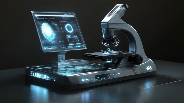 A futuristic digital microscope with holographic displays, emphasizing innovation in science education - Powered by Adobe