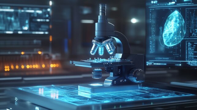A futuristic digital microscope with holographic displays, emphasizing innovation in science education