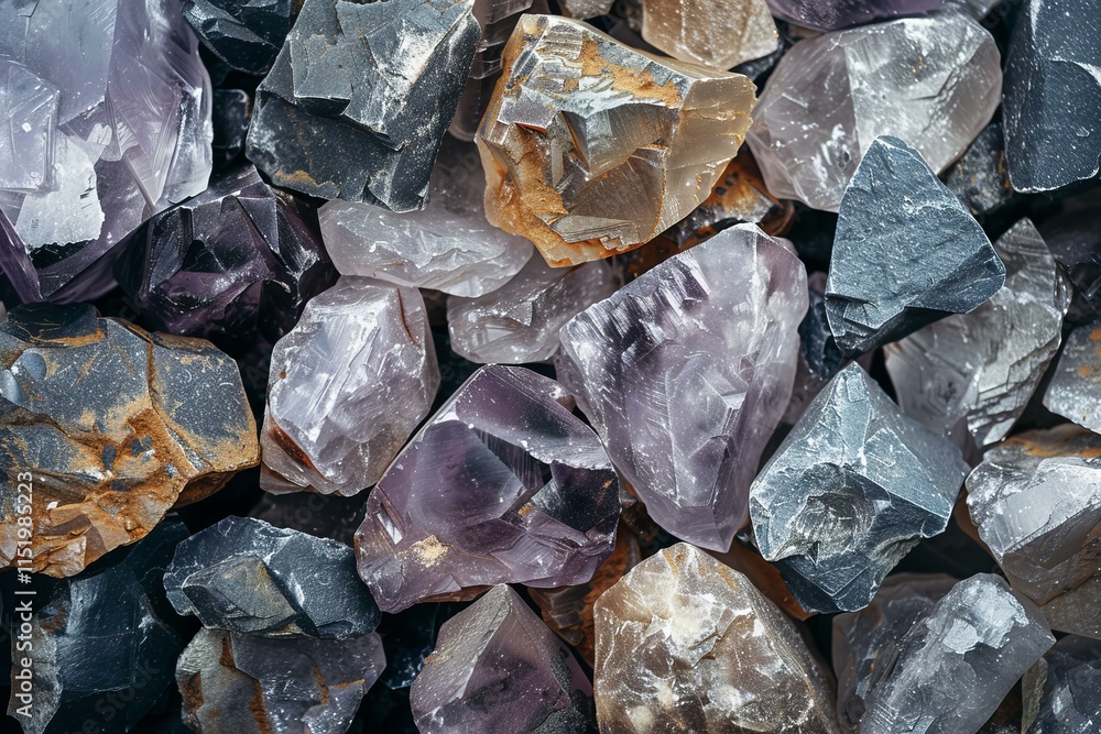 Poster close up view of a collection of colorful rough gemstones creating an interesting textured backdrop