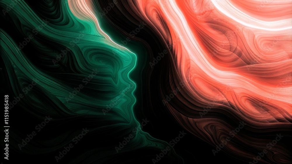 Poster grainy abstract background displaying a deep emerald, bright coral, and dusty rose glowing color wav