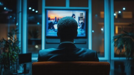 Obraz premium Person anxiously observing news report on television regarding company bankruptcy announcement, emotions of concern and uncertainty evident