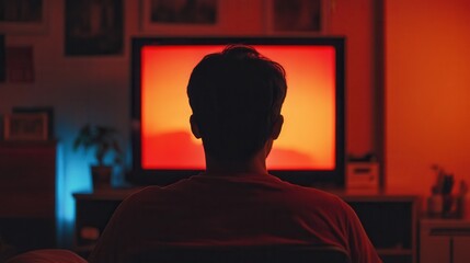 Person absorbed in breaking news about company bankruptcy, concern evident, living room setting, television casting a glow, tense atmosphere