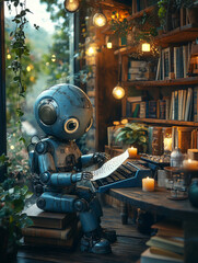 Fototapeta premium In a calm study, a robot types poetry on a vintage typewriter, bathed in candlelight and surrounded by tall bookshelves, evoking a creative and inspiring atmosphere