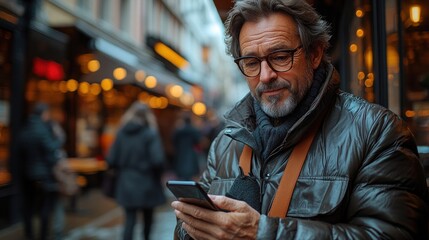 Mature man using smartphone on city street at night.