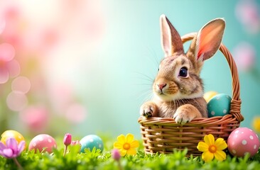 Easter bunny in basket with Easter eggs on green grass, blurred background. Copy space.