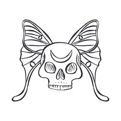 Hand drawn black and white sketch of human skull with luna moth wings isolated on white background. Monochrome Bohemian skeleton head with butterfly design