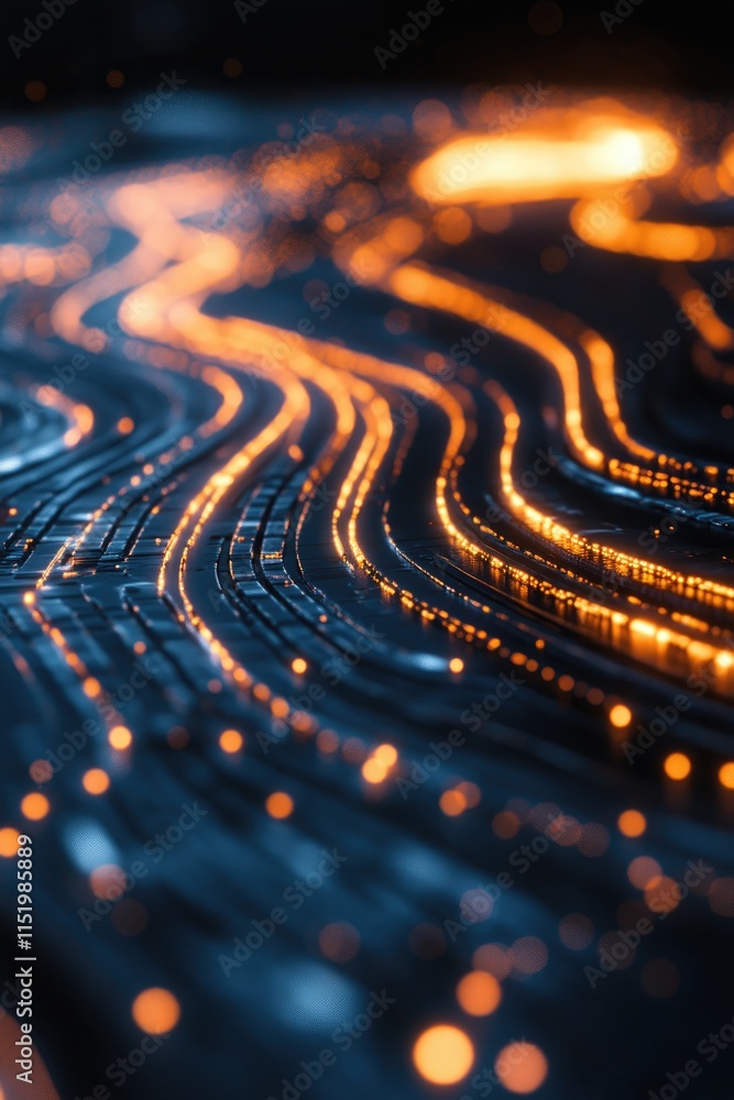 Poster abstract representation of flowing lines with glowing elements, suggesting technology and data.