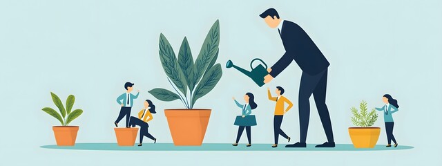 A businessman in business attire is watering three pots of flowers with a watering can