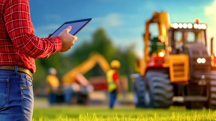 Obraz premium A worker in a checkered shirt uses a tablet on a construction site, with heavy machinery and workers visible in the background.