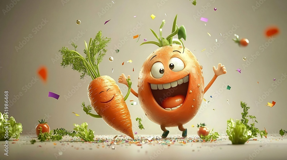 Poster Animated 3D Cartoon Image of a Smiling Carrot and Cheerful Tomato Dancing Joyfully in a Festive Atmosphere with Colorful Confetti Floating Around Them on a White Background