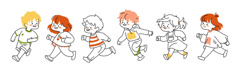 Child run. Children play at kindergarten, happy cute japanese boys and girls, childcare and exercise, fun smile group, sketch style drawing, jogging person. Vector cartoon flat illustration
