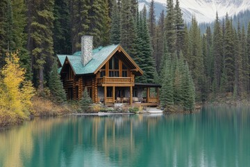 Fototapeta premium Beautiful winter scene of wooden lodge glowing on Emerald Lake and pine forest at Yoho national park, British Columbia, Canada