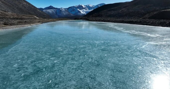 Aerial footage of  beautiful frozen lake in Tibet, China