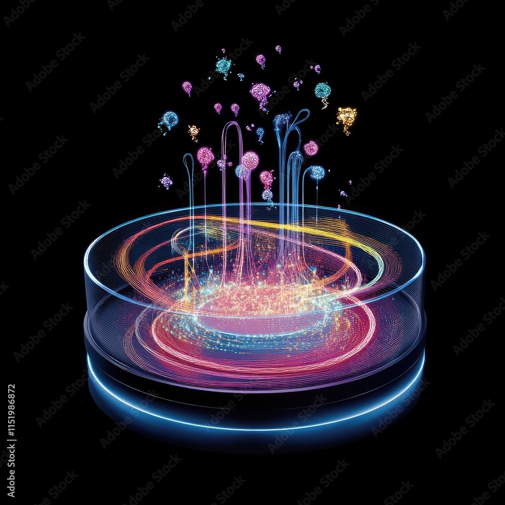 Poster a vibrant, swirling display of colorful elements emerging from a circular base.