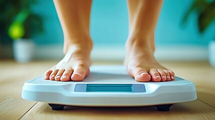 Fototapeta premium A person stands on a digital scale, measuring weight, with a focus on feet and a bright, modern background.