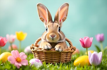 Easter bunny in basket with Easter eggs and flowers on green grass, blurred background. 