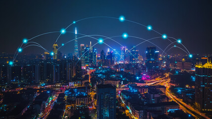 Obraz premium Smart digital city with connection cyber security network reciprocity over the cityscape . future smart wireless digital city and social media networking systems that connects people within the city