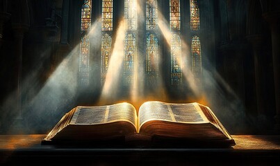 A large, open Bible rests on an altar in front of a stained glass window, with rays of sunlight streaming through the panes and onto the book.