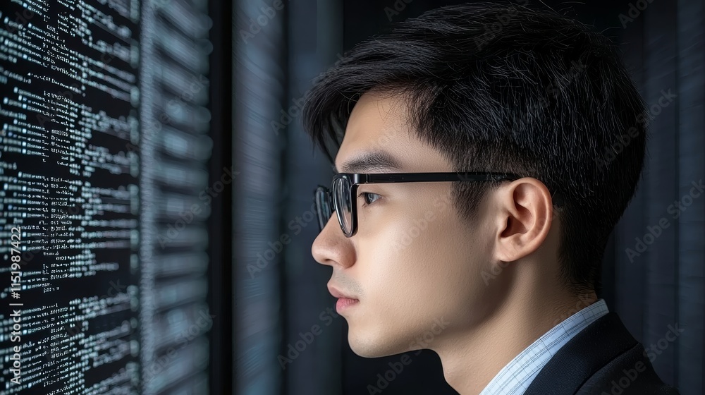 Poster man in glasses concentrates on computer screen, a glimpse into modern work, technology, and informat
