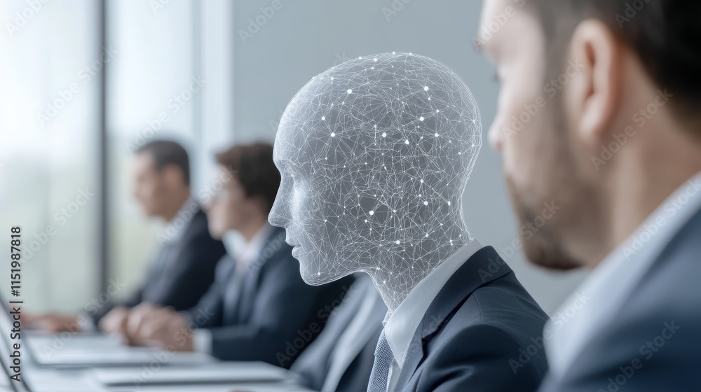 Poster businessman in a suit immersed in virtual reality experience, exploring futuristic digital environme