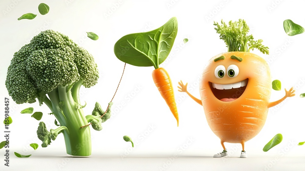 Poster a cheerful 3d cartoon animation of a spinach leaf happily flying a kite shaped like a carrot with a 
