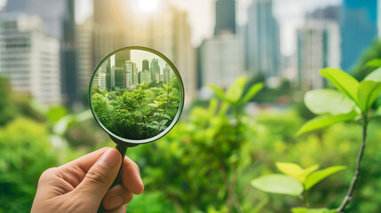hand holding a magnifying glass to check the good air quality and clean outdoor air quality safe from pollution dust PM 2.5