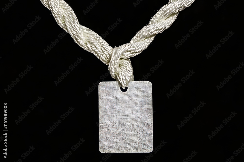Poster a blank badge mockup displayed on a black background. a plain empty name tag hanging from a string a