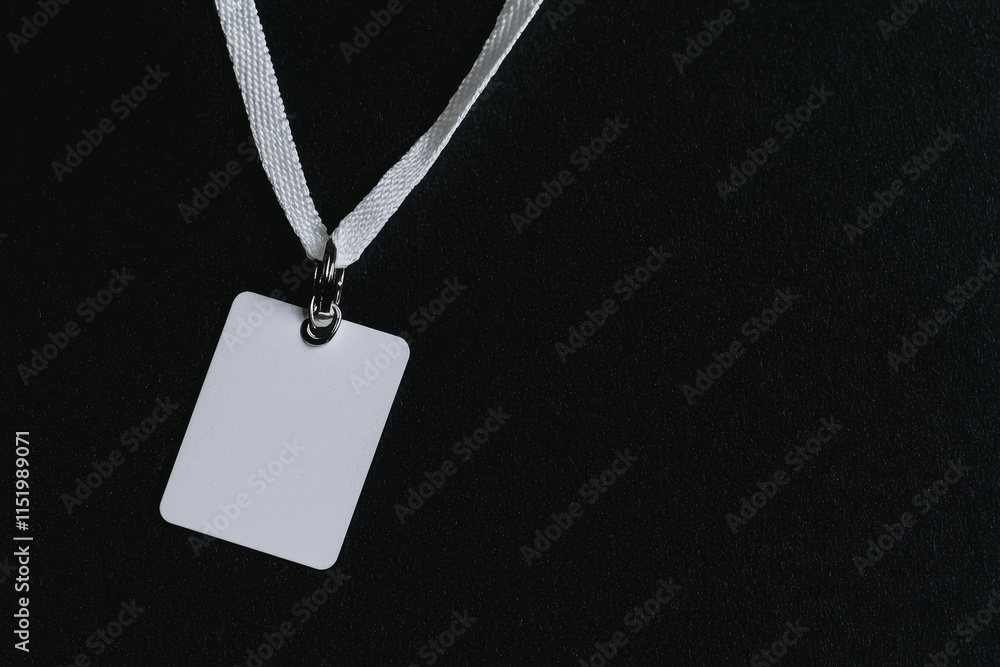 Poster an isolated blank badge mockup on a black background. a plain empty name tag suspended by a string a