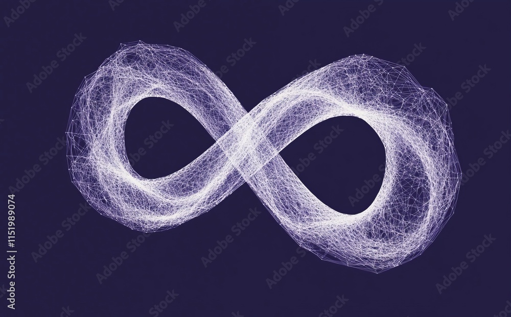 Poster an infinity symbol crafted from lines and triangles, representing a point-connecting network, set ag