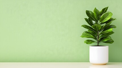Green Plant in White Pot Against Light Green Wall Interior Decor