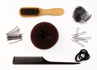 Accessory for bun hairstyle. Hair comb, scrunchies,  hair clips, hairnet, Donut bun maker, bobby...