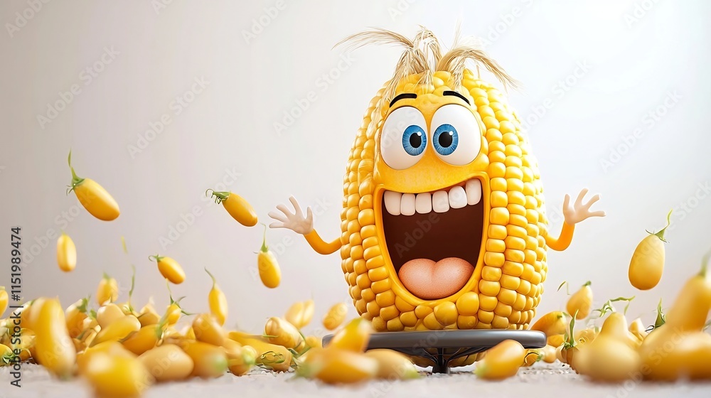 Poster delightful 3d cartoon animation of a cheerful corn kernel happily bouncing on a trampoline surrounde