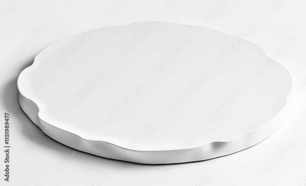 Poster a 3d rendering of blank white circular adhesive stickers with curved corners, showcasing an empty ro