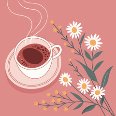 Cup of tea with fresh flowers on pink background. Top view. Copy space.