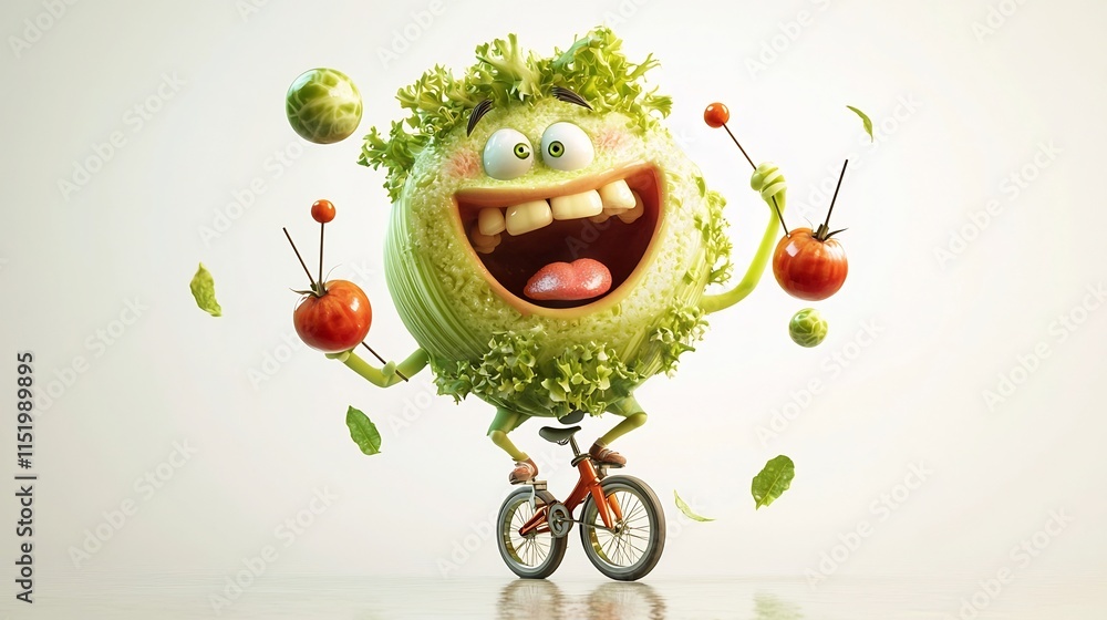 Poster humorous 3d cartoon animation of a laughing celery character balancing on a unicycle while juggling 