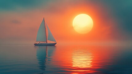 Fototapeta premium Tranquil sailboat gliding on calm water with a mesmerizing sunset gradient of orange and blue, reflecting vividly on the surface, creating a serene and timeless maritime scene.