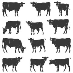 A Collection Of Black And White Silhouettes Of Cattle