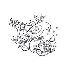 Hand drawn monochrome inky sketch style raven or crow sitting on human skull isolated on white background. Mystic black bird and head bone surrounded by nettle leaves Halloween design