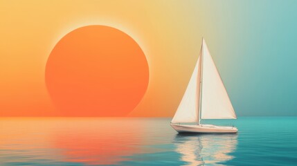 Fototapeta premium Minimalistic sailboat on calm water under a vivid gradient sunset, blending orange and blue hues with a perfectly round sun reflecting on the water's surface.