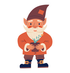 Cute gnome. Fairy tale character. Funny small dwarf in costume and hat with plant in pot. Hand drawn fantasy man with beard. Magic fairytale people. Vector cartoon flat isolated illustration