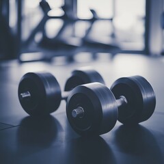 A set of dumbbells lays on a gym floor, representing strength training and fitness dedication.