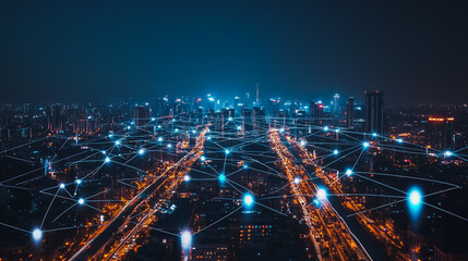 Obraz premium Smart digital city with connection cyber security network reciprocity over the cityscape . future smart wireless digital city and social media networking systems that connects people within the city
