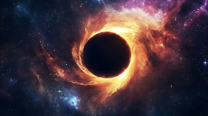 Fototapeta premium A dramatic celestial scene showcasing a black hole consuming surrounding matter, with glowing accretion disks and vibrant interstellar light patterns.
